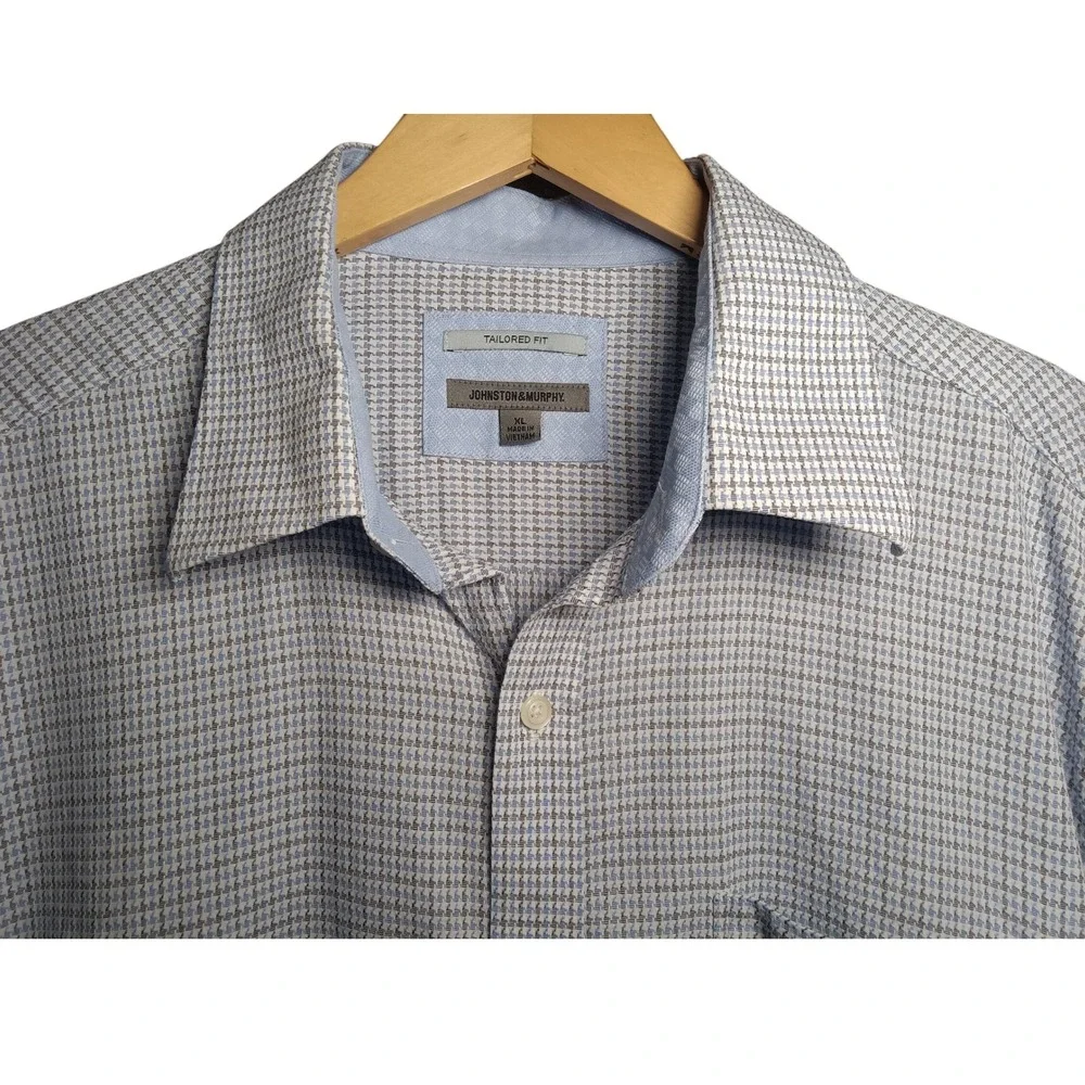 Johnston & Murphy Tailored Fit Men's XL Button Down Shirt 100% Cotton Blue Plaid